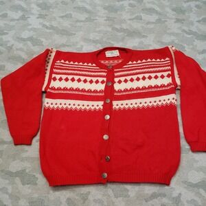 True Vtg Charles Wolf Cardigan Sweater Womens 48 Red Wool Norway Fair Isle 60s